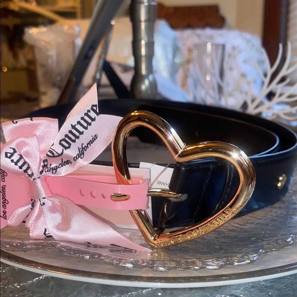 Juicy Couture Black Leather Heart Buckle Belt with Pink Accent